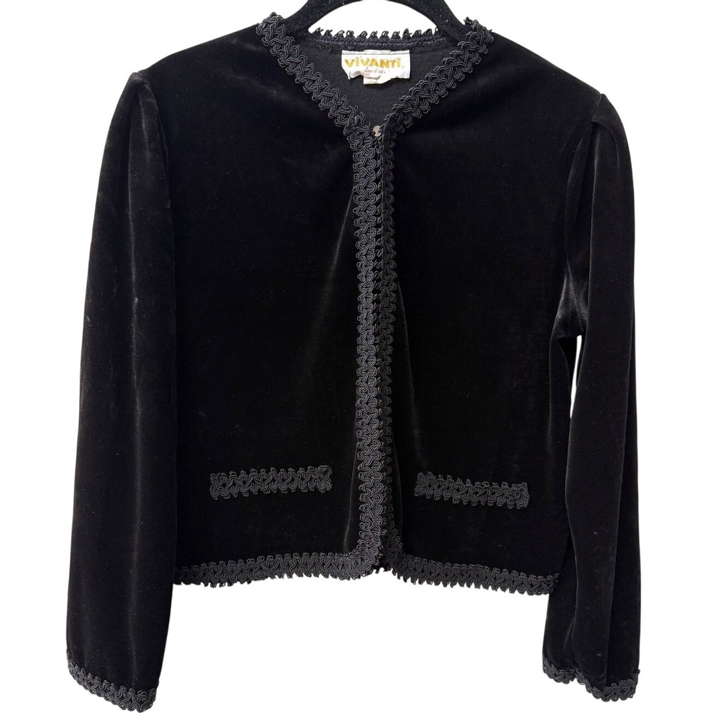 Vintage Vivanti Womens Velvet Cropped Jacket Black Size L Whimsigoth Open Front